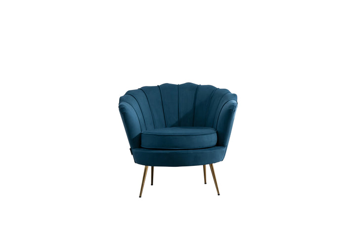 Blue armchair with gold legs on a white background