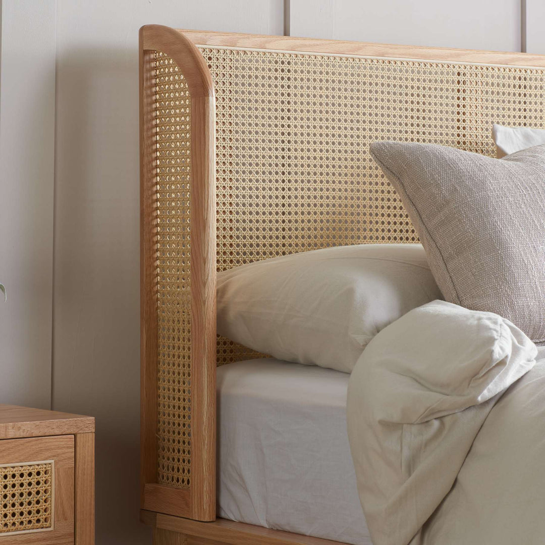 Astrid Rattan Bed with Wingback Headboard and Curved Weave Design
