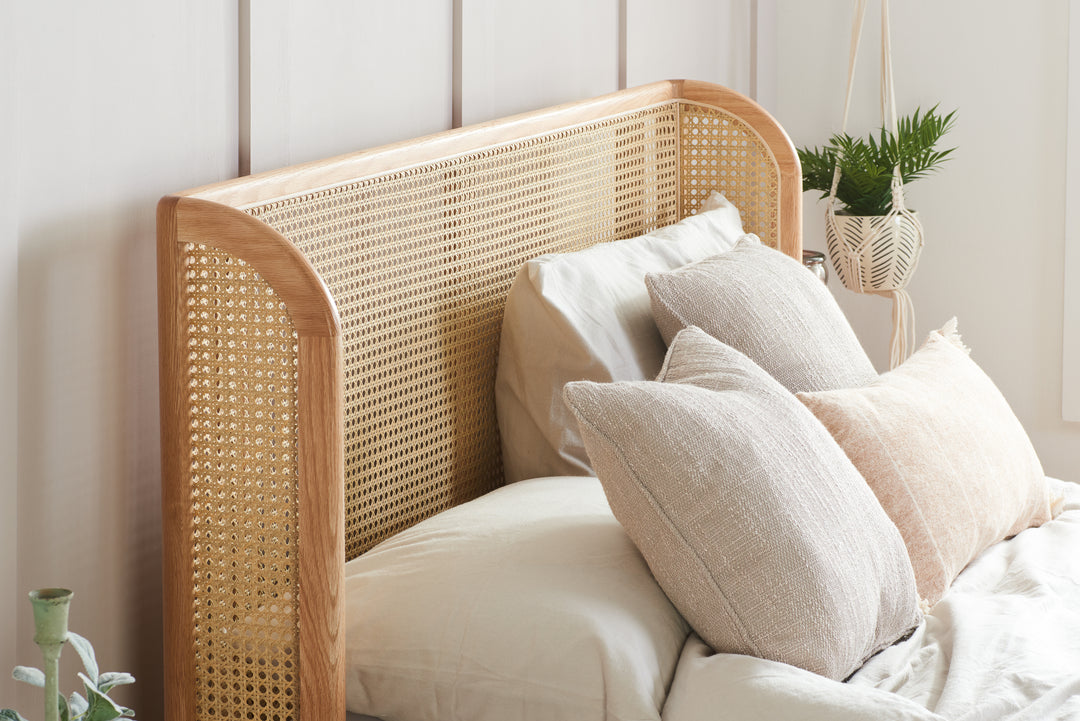 Astrid Rattan Bed with Wingback Headboard and Curved Weave Design