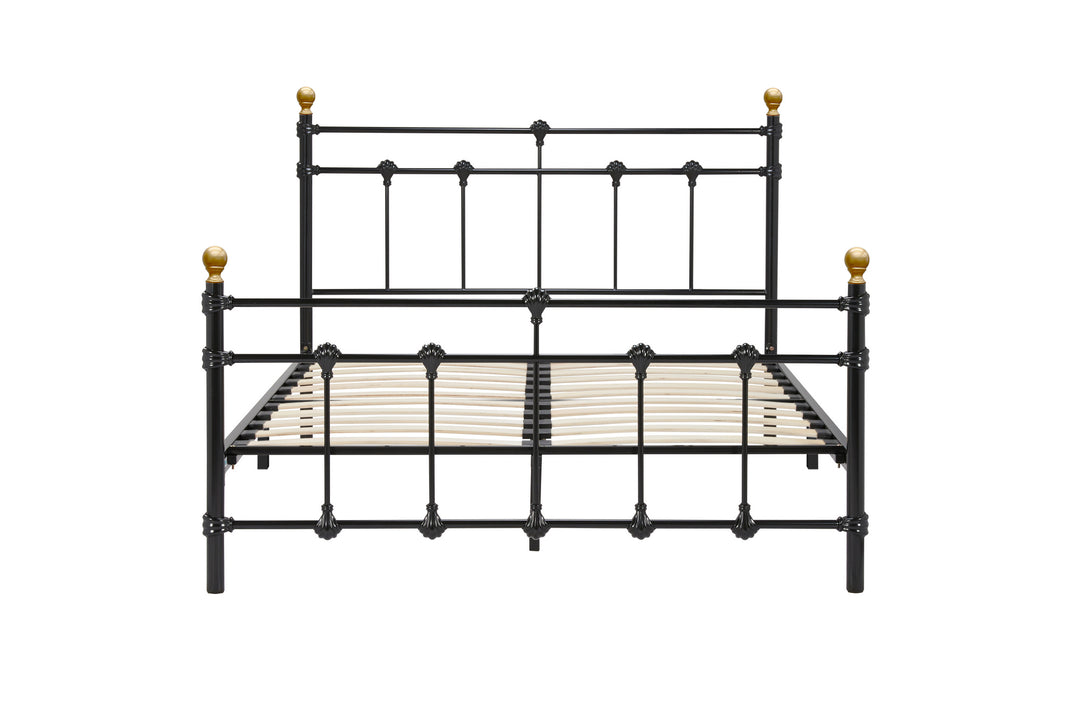 Atlas Bed Frame with Antique Brass Finials and Sprung Slatted Base in Black