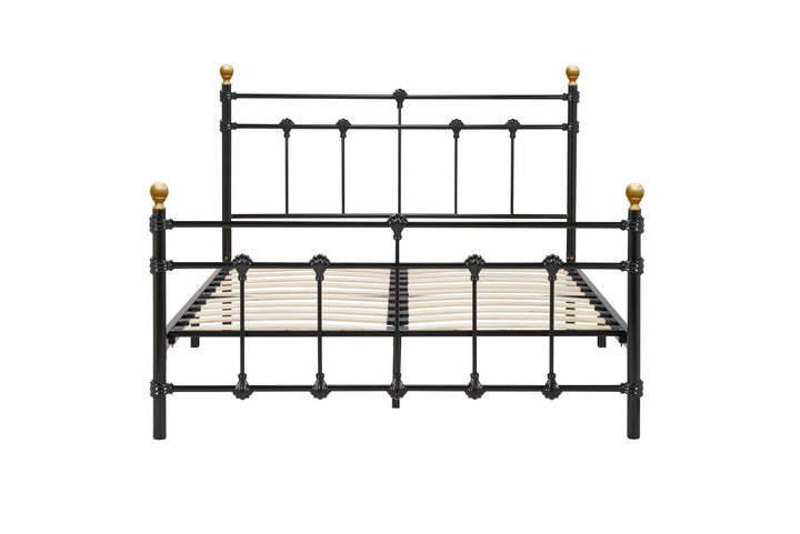 Atlas Bed Frame with Antique Brass Finials and Sprung Slatted Base in Black