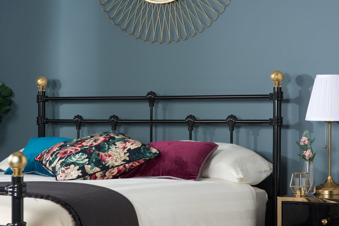 Atlas Bed Frame with Antique Brass Finials and Sprung Slatted Base in Black