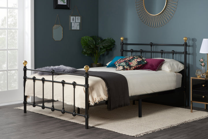 Atlas Bed Frame with Antique Brass Finials and Sprung Slatted Base in Black