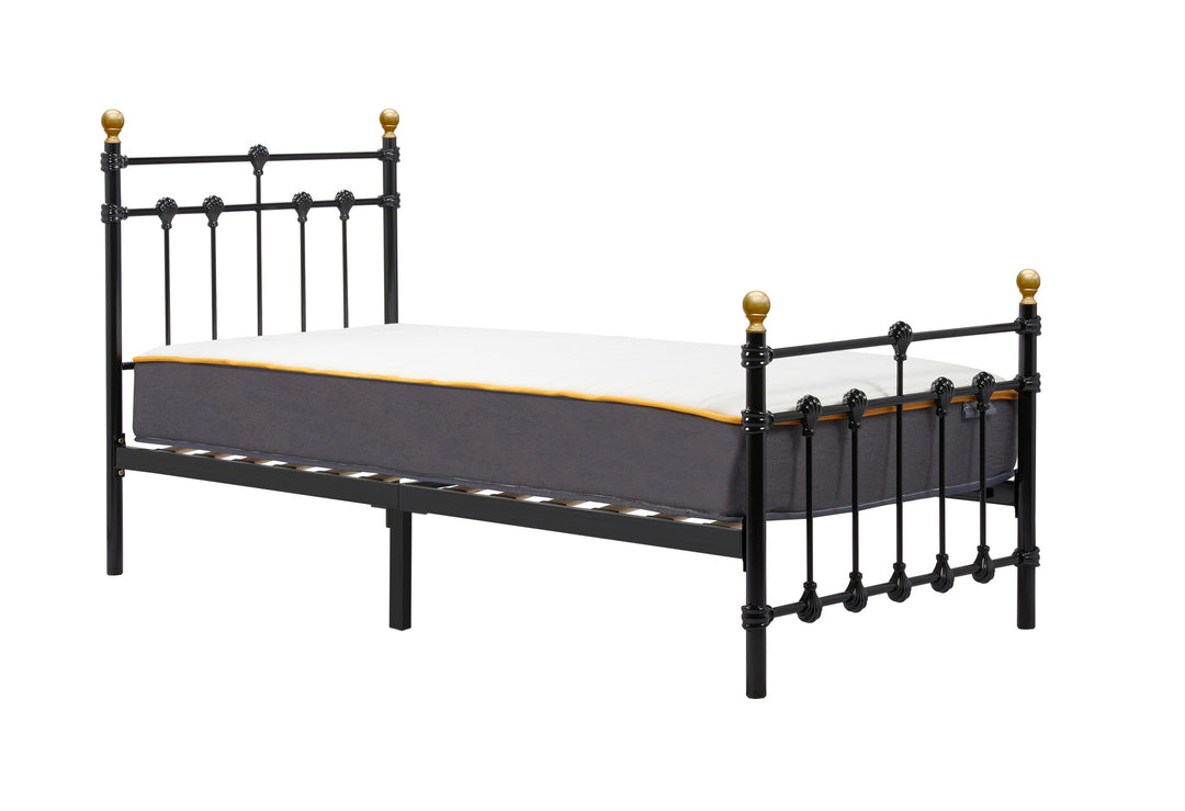 Atlas Bed Frame with Antique Brass Finials and Sprung Slatted Base in Black