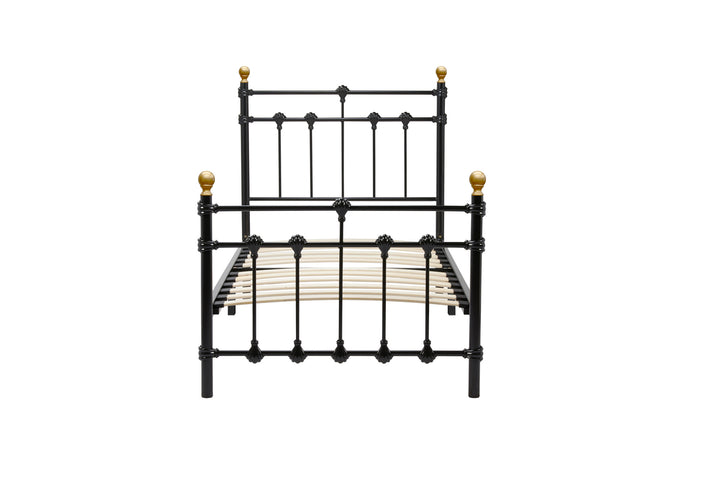 Atlas Bed Frame with Antique Brass Finials and Sprung Slatted Base in Black