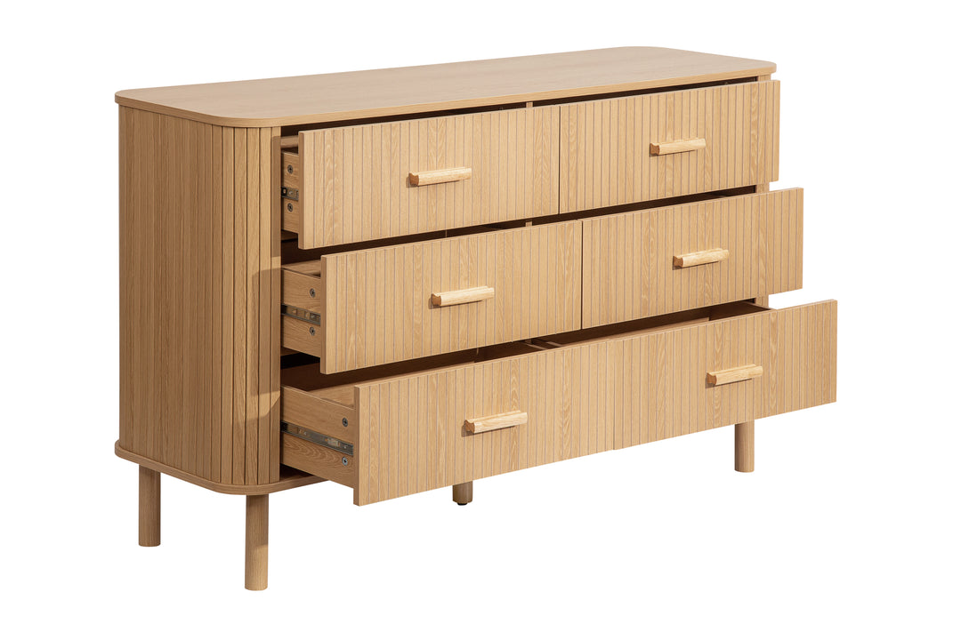 Axel 6 Drawer Fluted Chest Oak Finish Stylish Bedroom Storage