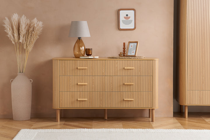 Axel 6 Drawer Fluted Chest Oak Finish Stylish Bedroom Storage