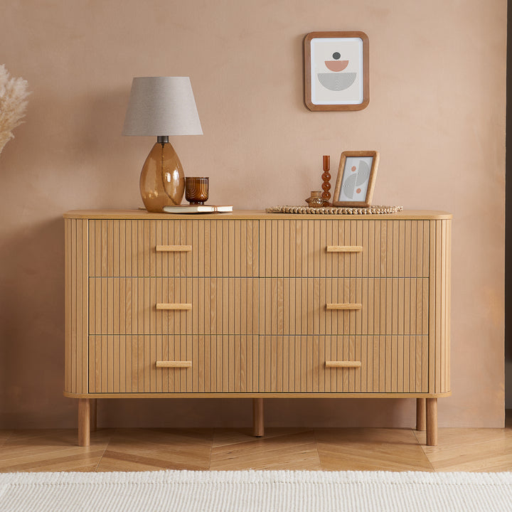 Axel 6 Drawer Fluted Chest Oak Finish Stylish Bedroom Storage