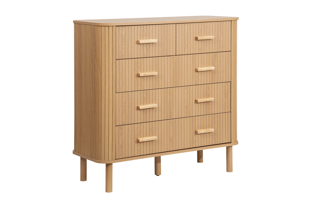 Axel 5 Drawer Fluted Chest Oak Finish Stylish Bedroom Storage