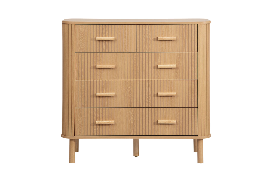 Axel 5 Drawer Fluted Chest Oak Finish Stylish Bedroom Storage