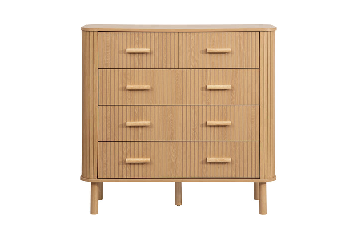 Axel 5 Drawer Fluted Chest Oak Finish Stylish Bedroom Storage