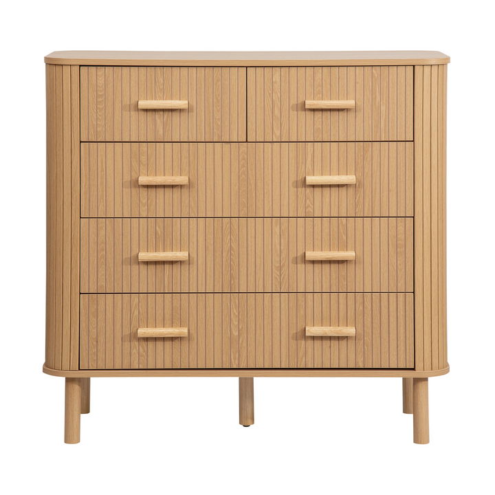 Axel 5 Drawer Fluted Chest Oak Finish Stylish Bedroom Storage