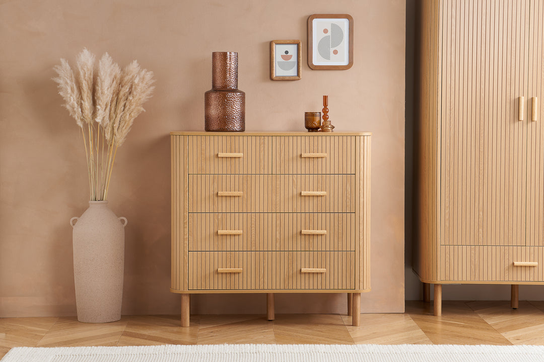 Axel 5 Drawer Fluted Chest Oak Finish Stylish Bedroom Storage