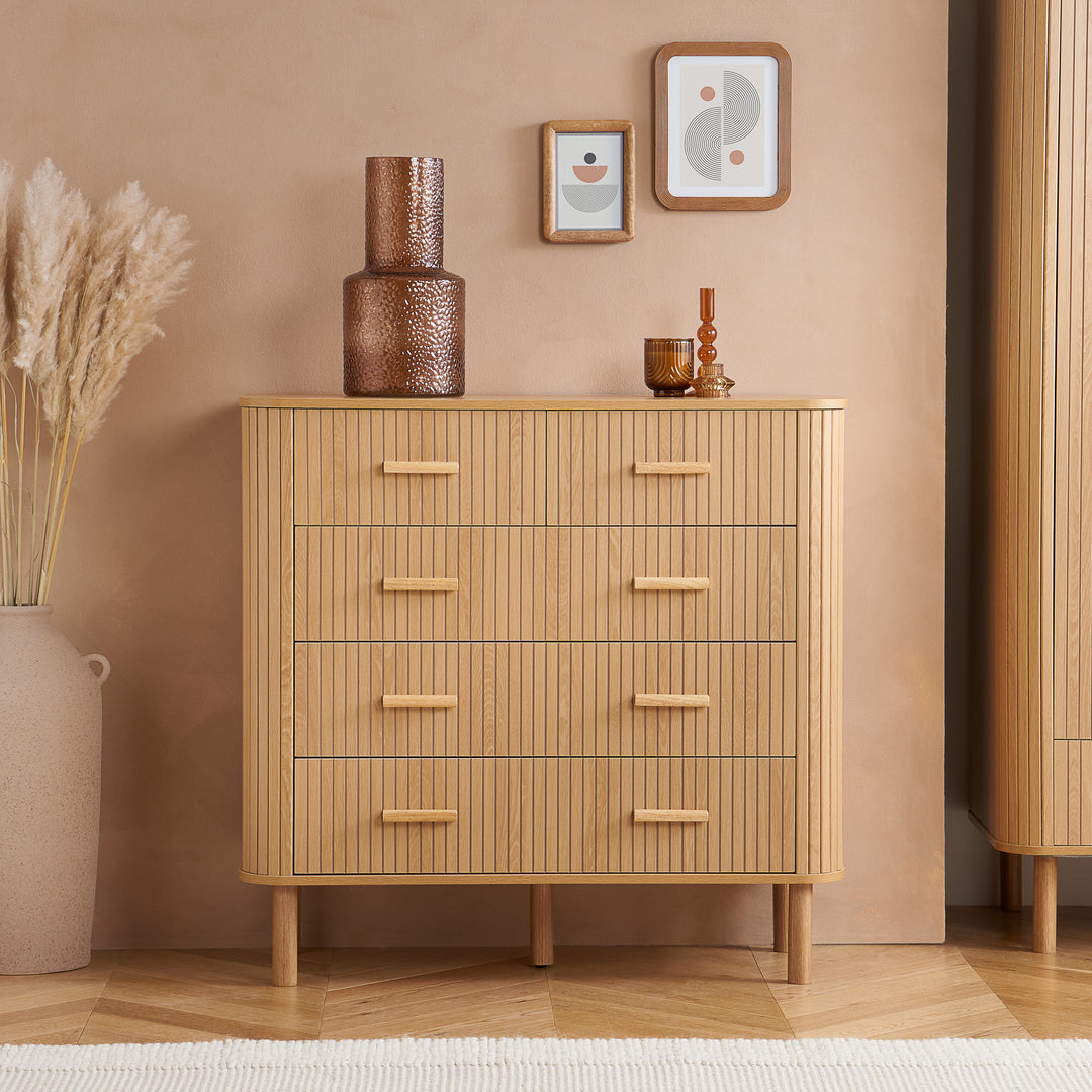 Axel 5 Drawer Fluted Chest Oak Finish Stylish Bedroom Storage