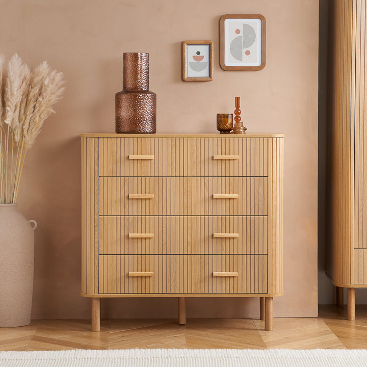 Axel 5 Drawer Fluted Chest Oak Finish Stylish Bedroom Storage