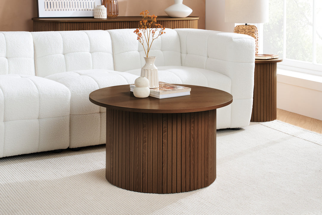 Axel Round Fluted Coffee Table - Mid-Century Modern Wood Accent Table Design