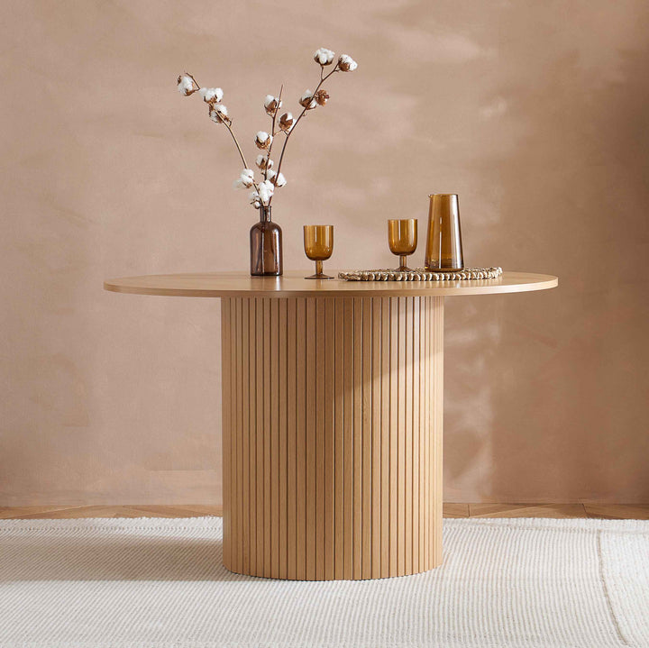 Axel Round Fluted Dining Table with Sculpted Pedestal Base and Textured Fluted Design