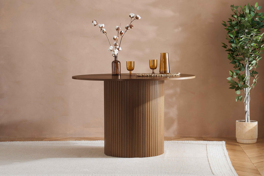 Axel Round Fluted Dining Table with Sculpted Pedestal Base and Textured Fluted Design