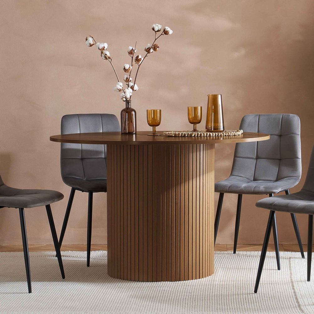 Axel Round Fluted Dining Table with Sculpted Pedestal Base and Textured Fluted Design