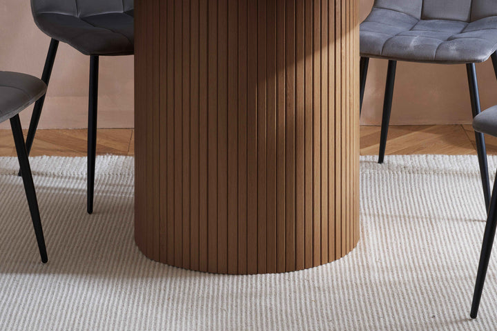 Axel Round Fluted Dining Table with Sculpted Pedestal Base and Textured Fluted Design