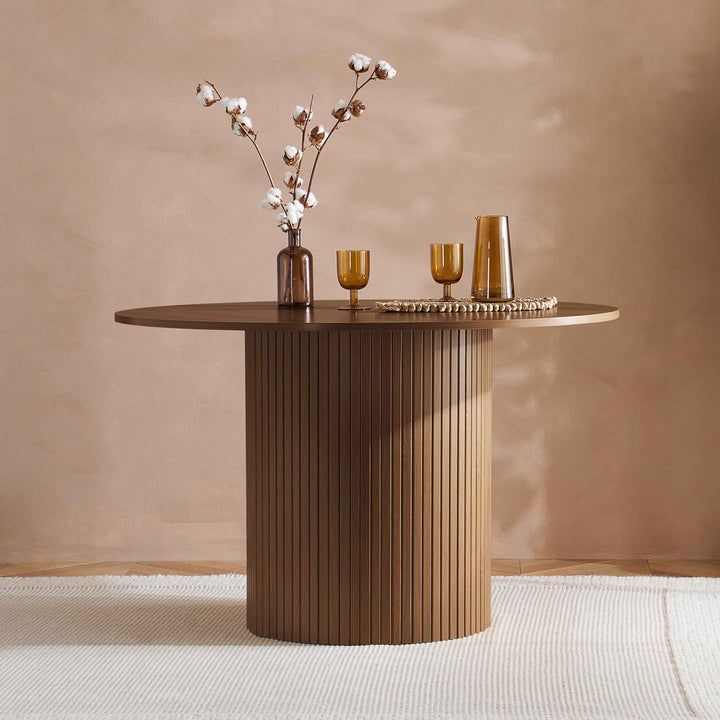 Axel Round Fluted Dining Table with Sculpted Pedestal Base and Textured Fluted Design