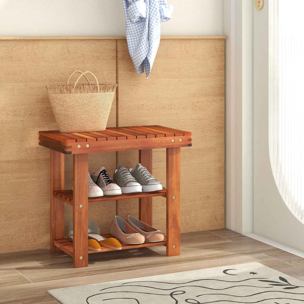 Acacia Wood Shoe Rack Bench 3-Tier Shoe Organizer Storage Shelf