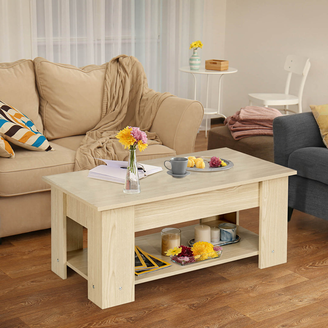 Height Adjustable Coffee Table with 2 Shelves and Liftable Top - TidySpaces