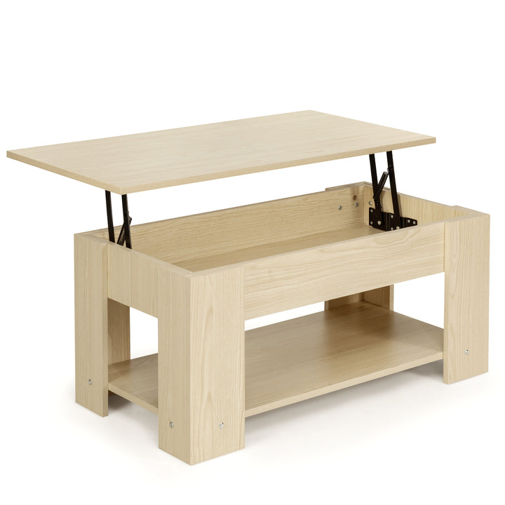 Height Adjustable Coffee Table with 2 Shelves and Liftable Top Natural - TidySpaces