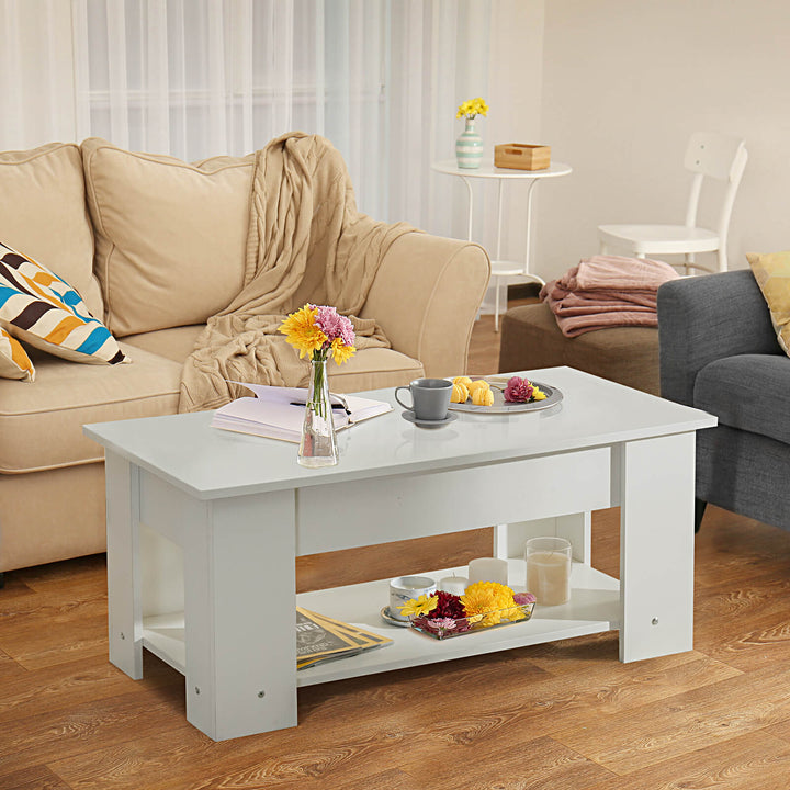 Height Adjustable Coffee Table with 2 Shelves and Liftable Top - TidySpaces