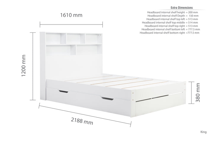 Alfie Storage Bed with Headboard Storage and Pull Out Drawer for Versatile Organization