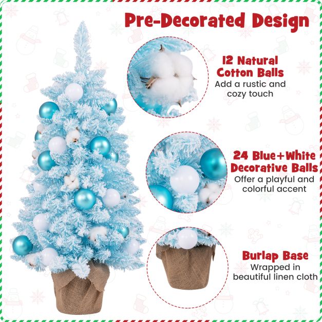 90 CM Artificial Mini Christmas Tree with 12 Natural Cotton Balls-Blue