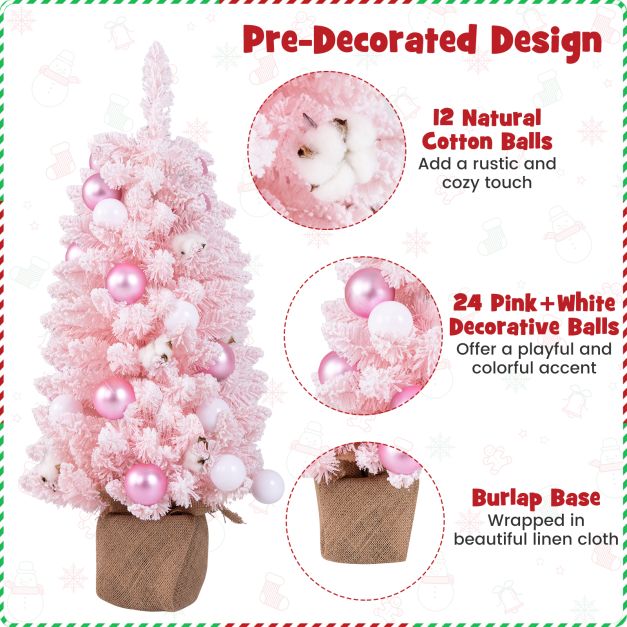 90 CM Artificial Mini Christmas Tree with 12 Natural Cotton Balls-Pink
