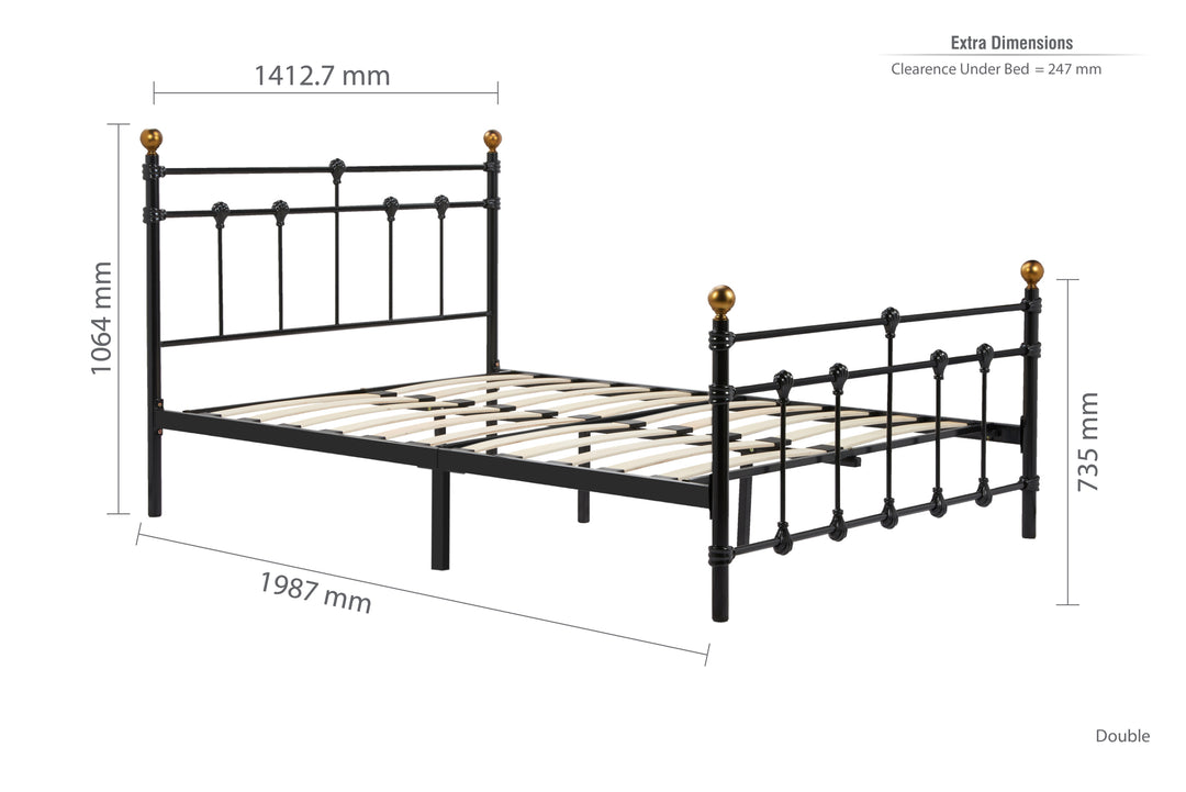 Atlas Bed Frame with Antique Brass Finials and Sprung Slatted Base in Black