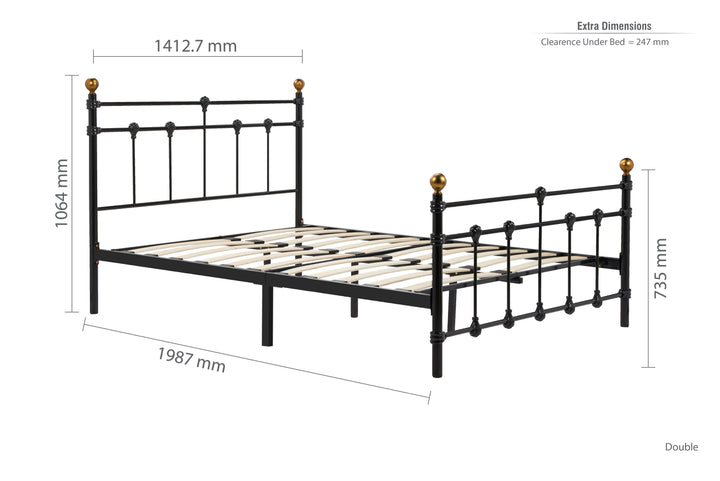 Atlas Bed Frame with Antique Brass Finials and Sprung Slatted Base in Black