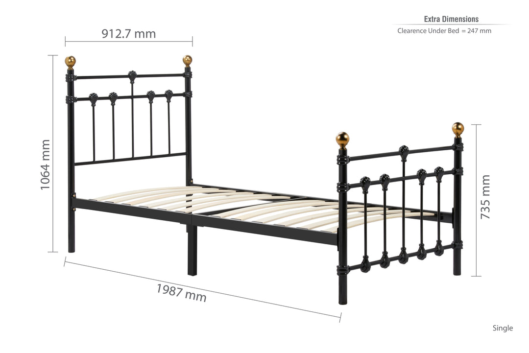 Atlas Bed Frame with Antique Brass Finials and Sprung Slatted Base in Black