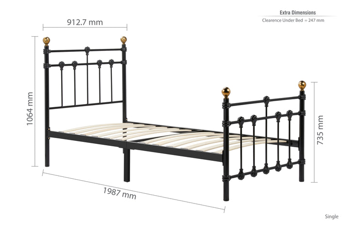 Atlas Bed Frame with Antique Brass Finials and Sprung Slatted Base in Black