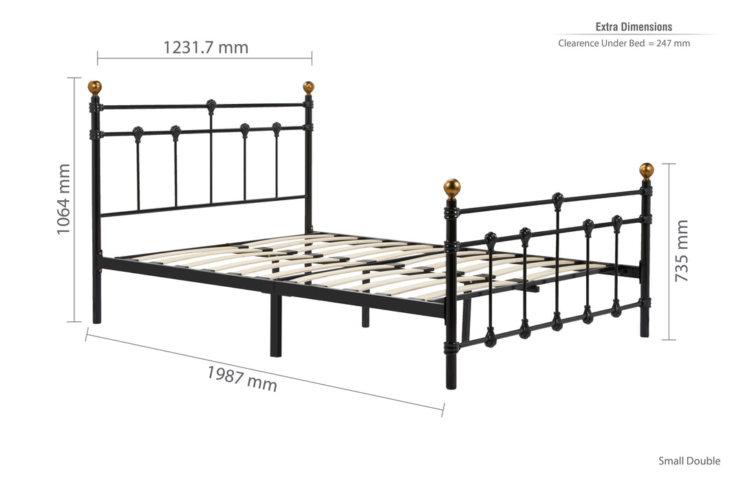 Atlas Bed Frame with Antique Brass Finials and Sprung Slatted Base in Black