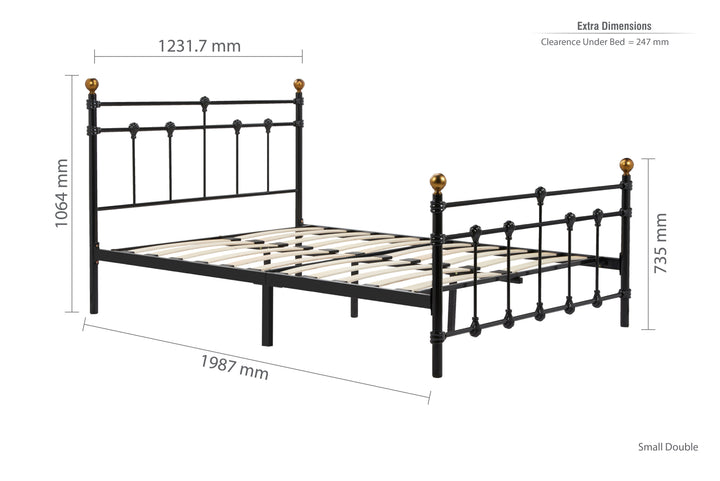 Atlas Bed Frame with Antique Brass Finials and Sprung Slatted Base in Black