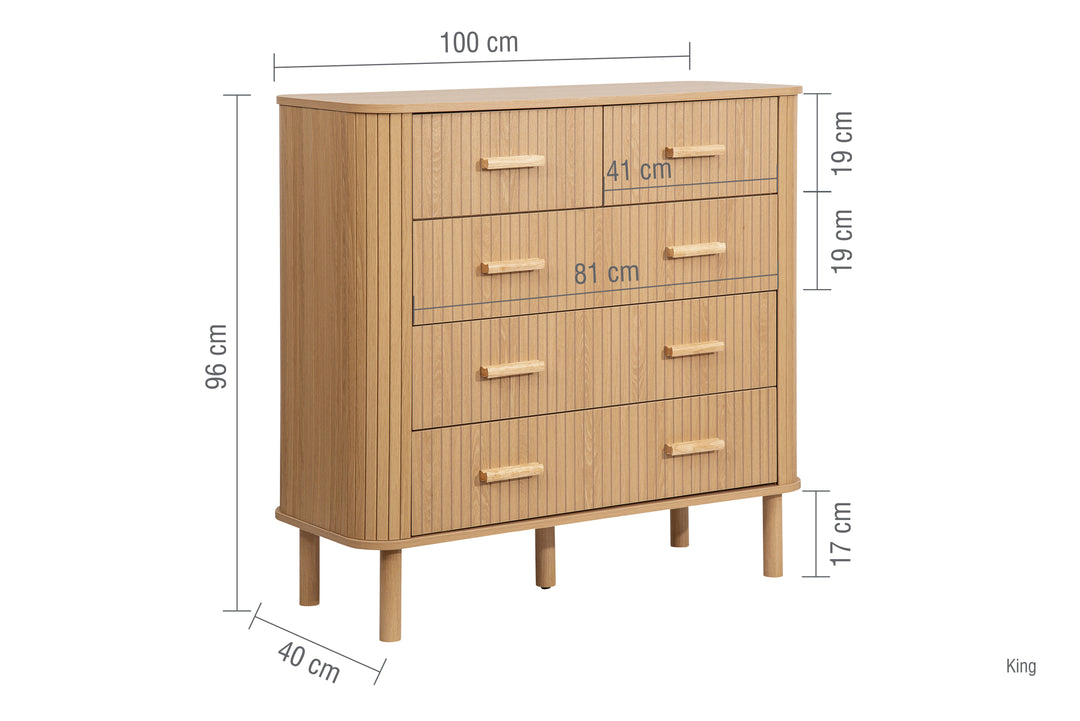 Axel 5 Drawer Fluted Chest Oak Finish Stylish Bedroom Storage