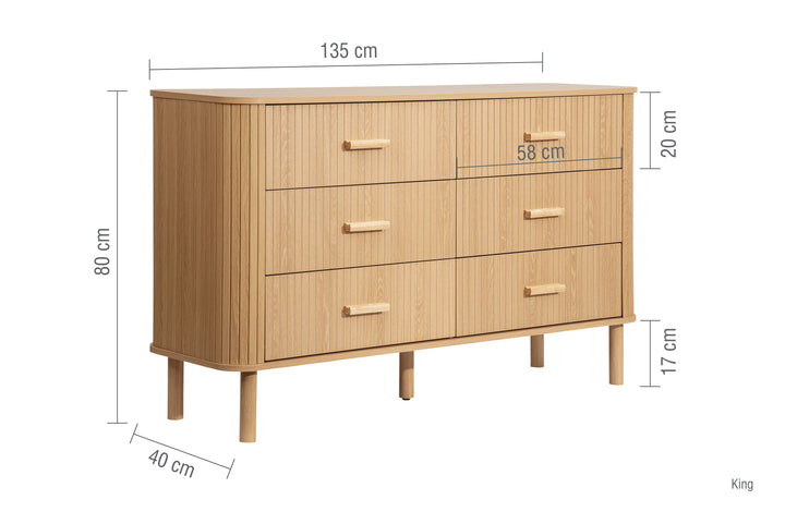 Axel 6 Drawer Fluted Chest Oak Finish Stylish Bedroom Storage