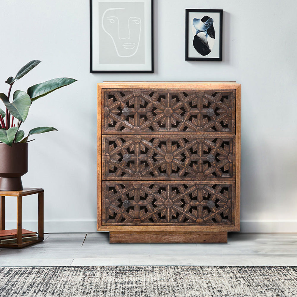 Zaayah Cut Work Wooden Three Chest of Drawers Natural - TidySpaces