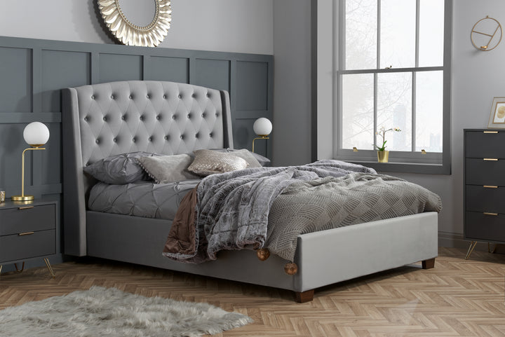 Luxury Velvet Upholstered Bed with Wingback Headboard and Tufted Detailing