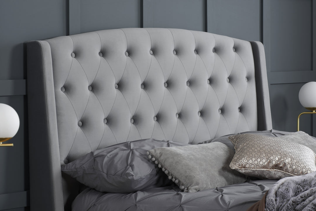 Luxury Velvet Upholstered Bed with Wingback Headboard and Tufted Detailing