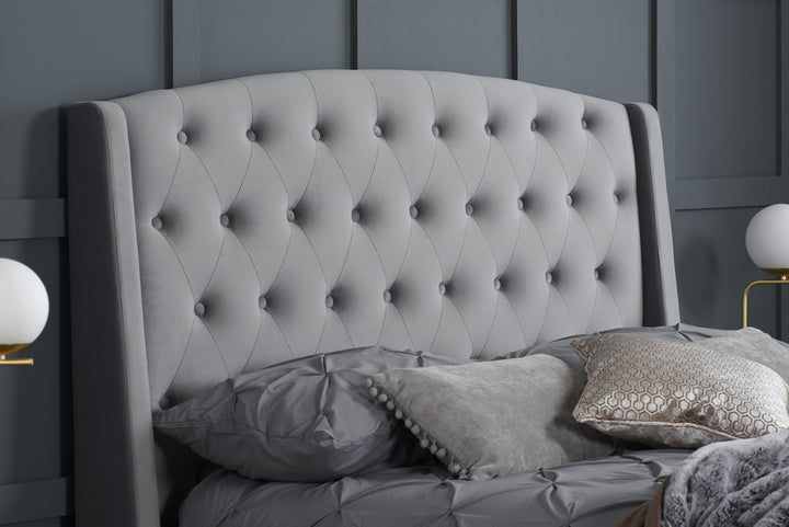 Luxury Velvet Upholstered Bed with Wingback Headboard and Tufted Detailing