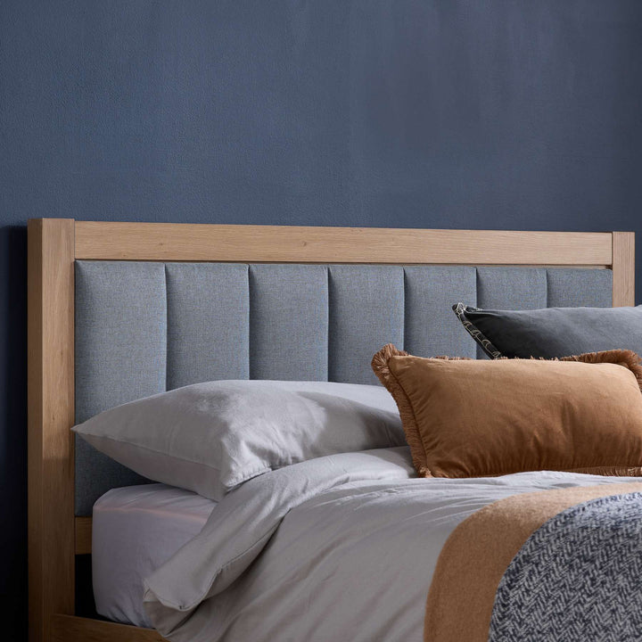 Belmont Ottoman Bed with Stylish Oak-Effect Frame and Soft Grey Blue Upholstered Headboard