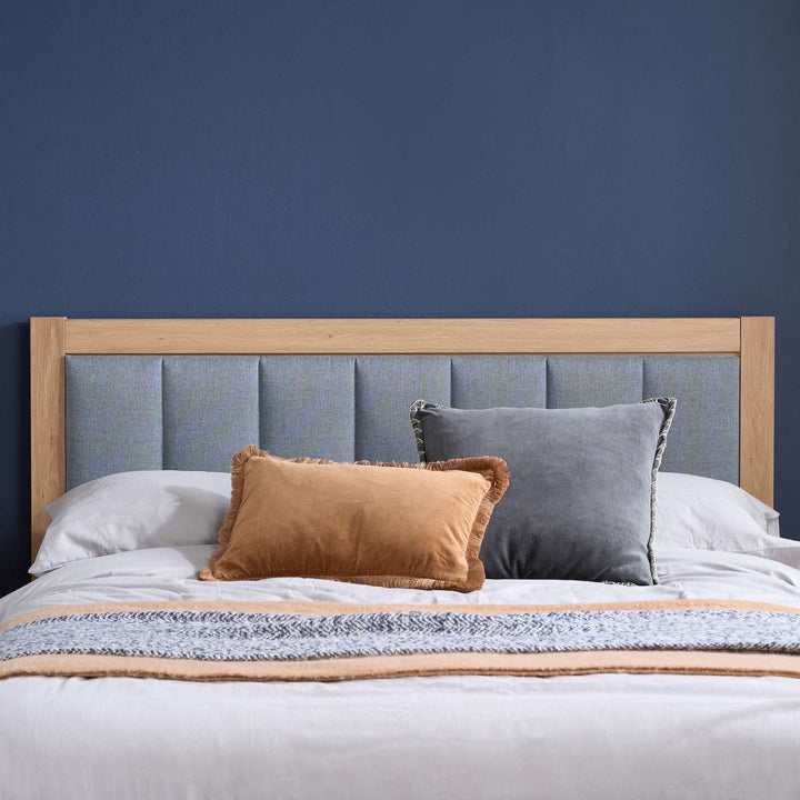 Belmont Ottoman Bed with Stylish Oak-Effect Frame and Soft Grey Blue Upholstered Headboard