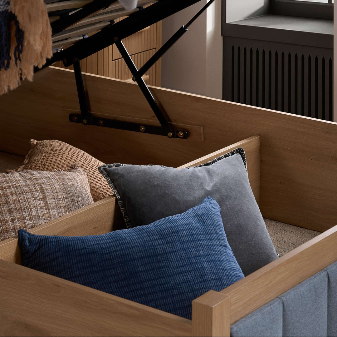 Belmont Ottoman Bed with Stylish Oak-Effect Frame and Soft Grey Blue Upholstered Headboard