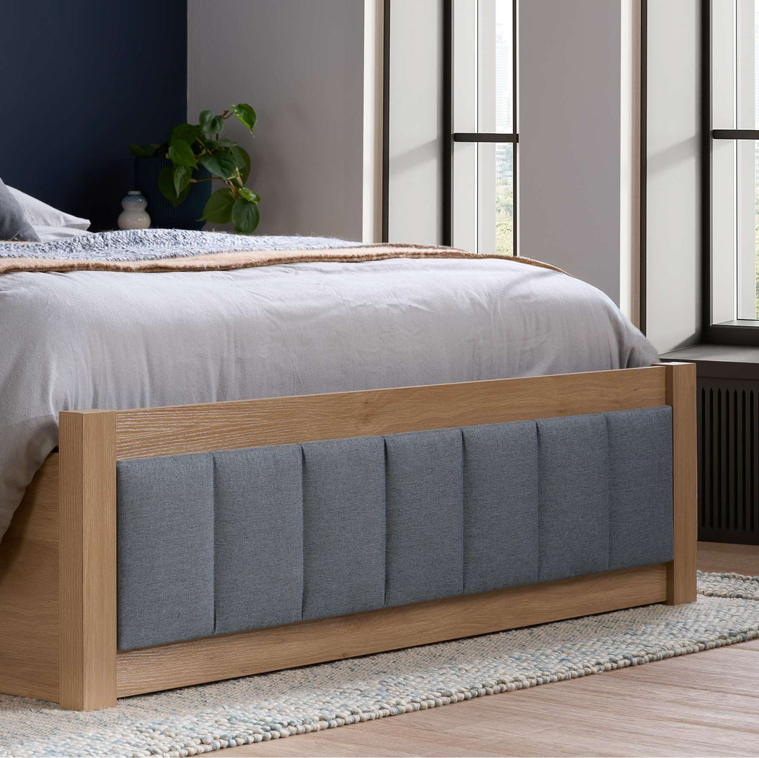 Belmont Ottoman Bed with Stylish Oak-Effect Frame and Soft Grey Blue Upholstered Headboard