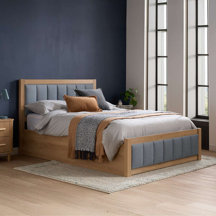 Belmont Ottoman Bed with Stylish Oak-Effect Frame and Soft Grey Blue Upholstered Headboard