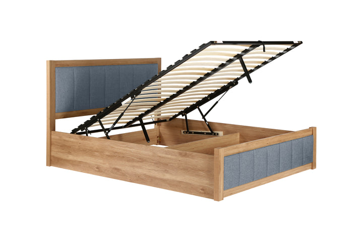 Belmont Ottoman Bed with Stylish Oak-Effect Frame and Soft Grey Blue Upholstered Headboard